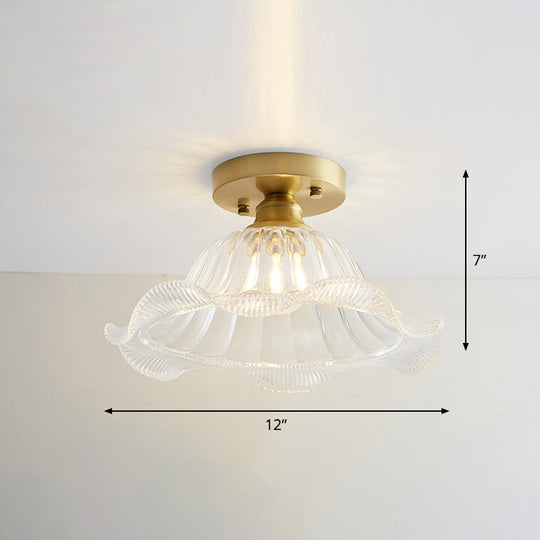 Nautical Brass Glass Flush Ceiling Light With 1 Bulb - Small Size For Corridors