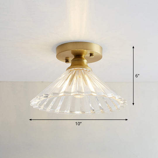 Nautical Brass Glass Flush Ceiling Light With 1 Bulb - Small Size For Corridors