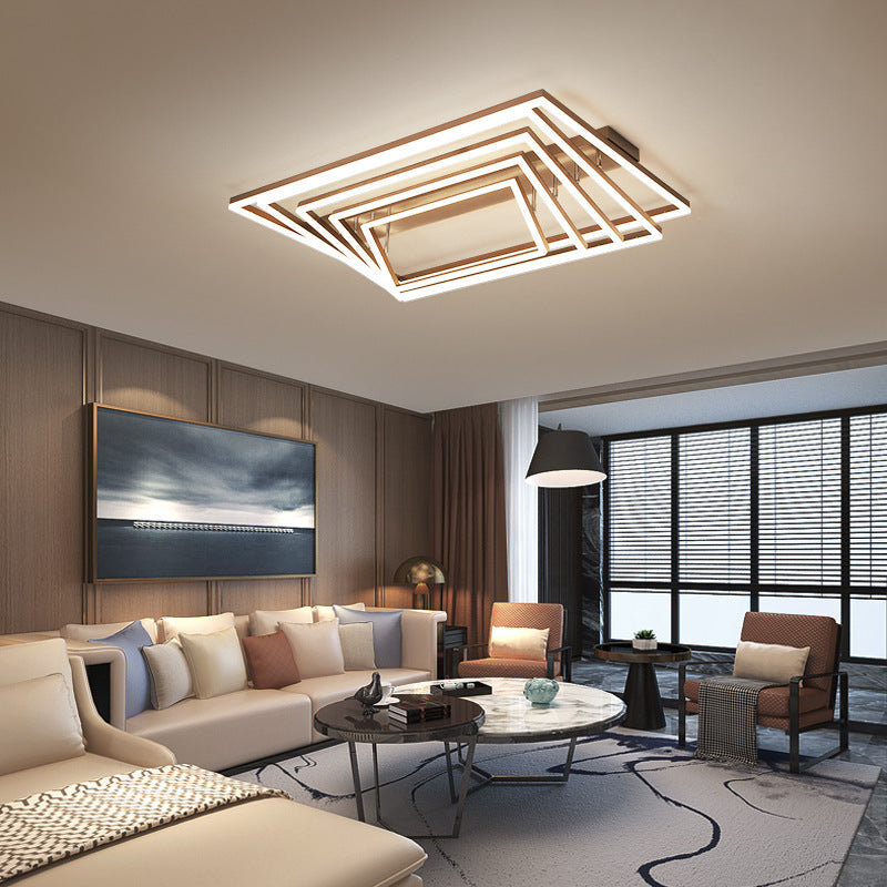 Minimalist Metal LED Flush Mount Ceiling Light with Multi-Tiered Rectangle Design for Living Room in Brown