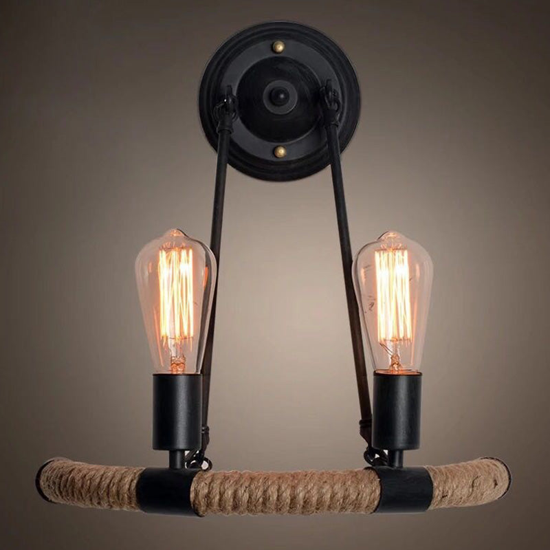 Industrial Black Hemp Rope Wall Sconce Lamp For Restaurants - 2-Head Arc Lighting Fixture