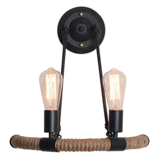 Industrial Black Hemp Rope Wall Sconce Lamp For Restaurants - 2-Head Arc Lighting Fixture