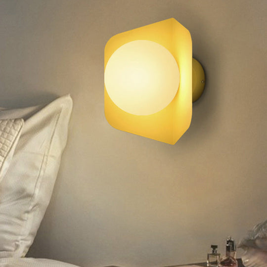 Hexagonal Metal Wall Sconce With Opaline Glass Shade - Single Mount Light