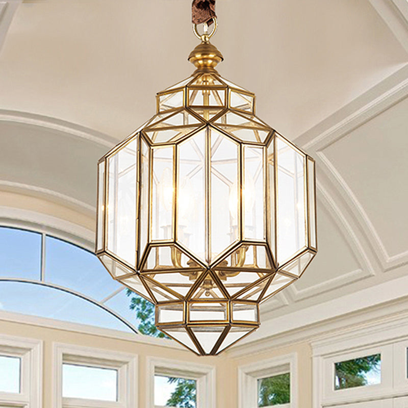 Contemporary 4-Light Lantern Chandelier With Clear Glass Shades Brass Hanging Lamp For Living Room