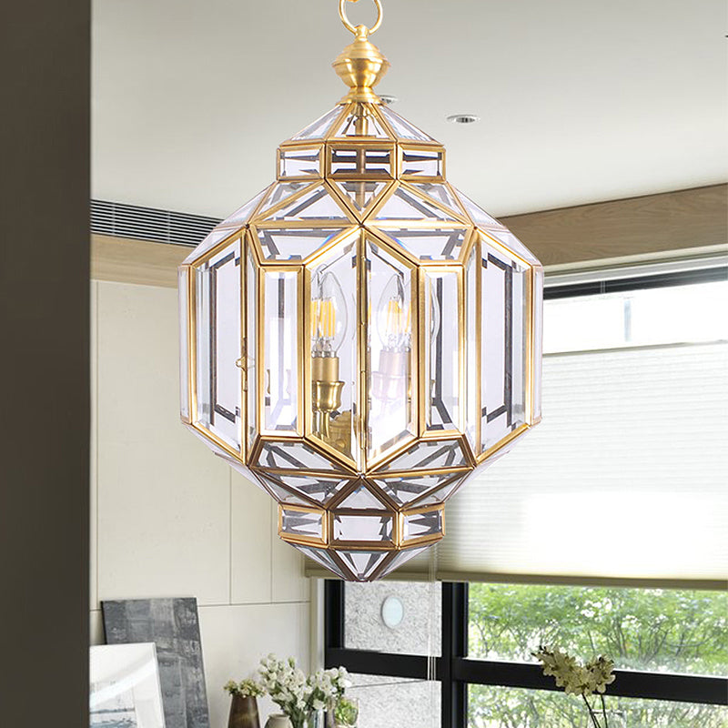 Contemporary 4-Light Lantern Chandelier With Clear Glass Shades Brass Hanging Lamp For Living Room