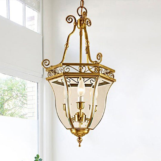 Retro Brass Tapered Chandelier Lamp - 3 Heads Clear Glass Pendant Light For Balcony