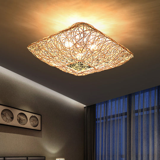 Minimalist 3-Light Rattan & Wood Ceiling Flush Mount For Bedroom / 16