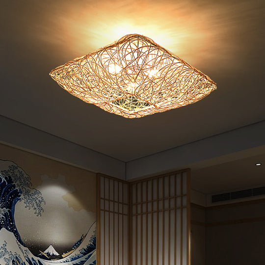 3-Light Square Ceiling Flush Mount Light in Rattan Wood Flush Light for Bedroom