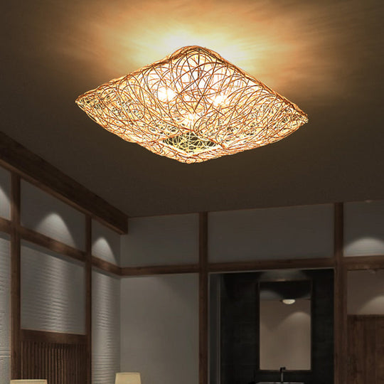 3-Light Square Ceiling Flush Mount Light in Rattan Wood Flush Light for Bedroom