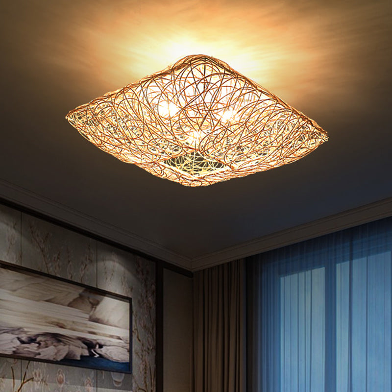 Minimalist 3-Light Rattan & Wood Ceiling Flush Mount For Bedroom