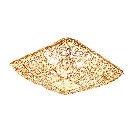 Minimalist 3-Light Rattan & Wood Ceiling Flush Mount For Bedroom