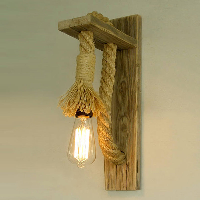 Rustic Single-Bulb Wall Lamp With Open Bulb And Roped Sconce - Wood Bracket Fixture