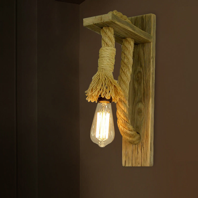 Rustic Single-Bulb Wall Lamp With Open Bulb And Roped Sconce - Wood Bracket Fixture