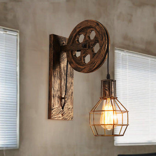 Spherical Wire Cage Wall Light Rustic Iron Bedroom Lamp With Pulley 1-Light Foyer & Mount Bronze