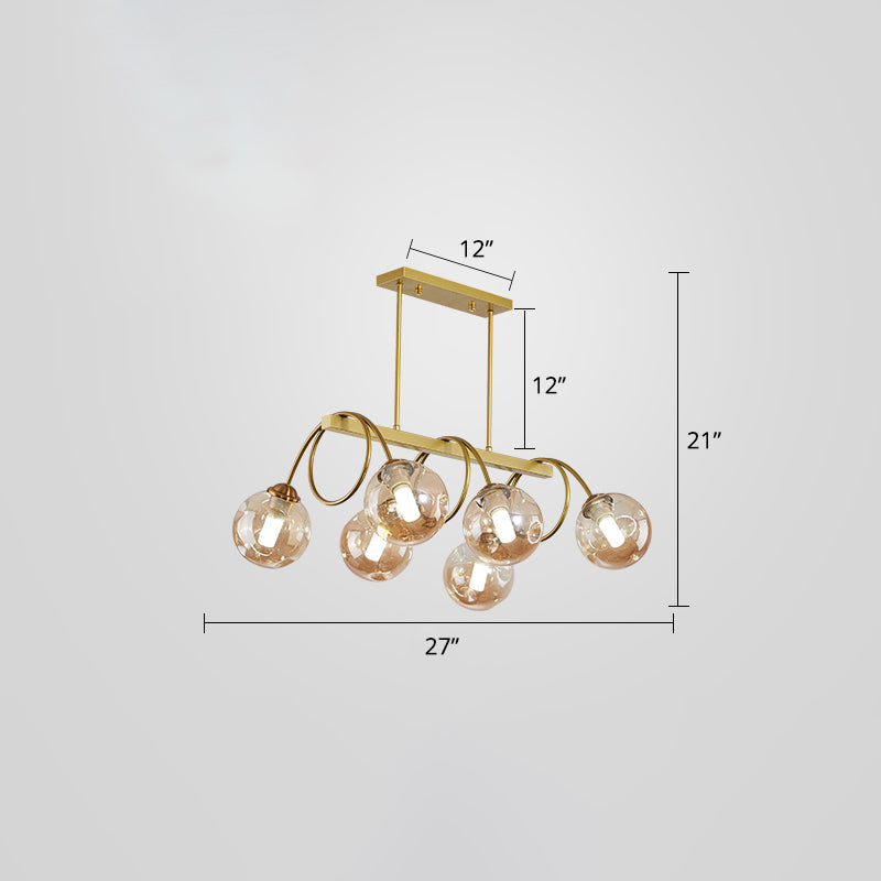 Sleek Gold Spiral Island Light - Post-Modern Metal Ceiling Hang Lamp With Ball Glass Shade