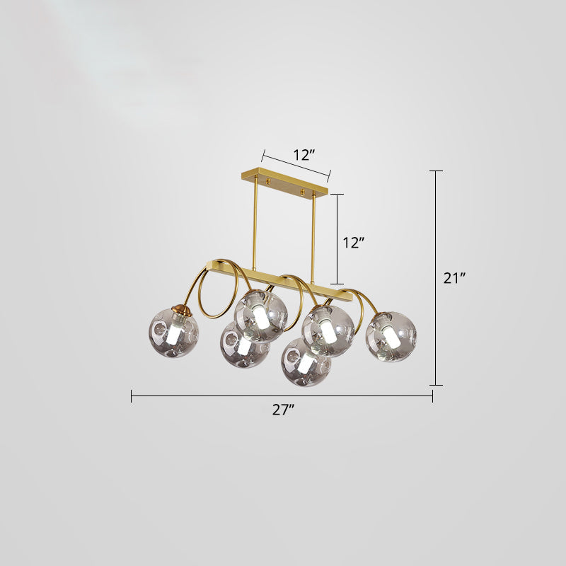 Sleek Gold Spiral Island Light - Post-Modern Metal Ceiling Hang Lamp With Ball Glass Shade