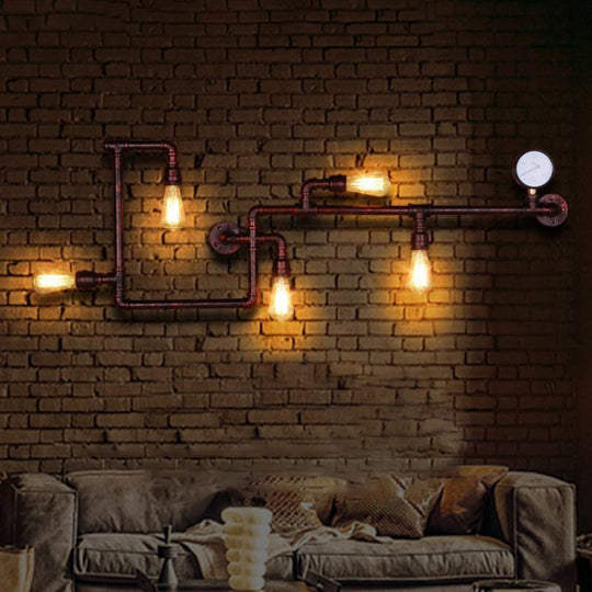 Industrial Water Pipe Wall Sconce With Pressure Gauge For Restaurants - 5-Head Metal Light Rust