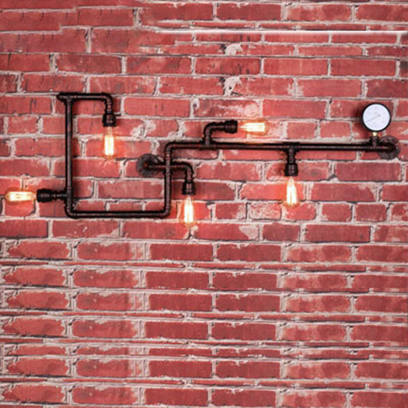 Industrial Water Pipe Wall Sconce With Pressure Gauge For Restaurants - 5-Head Metal Light