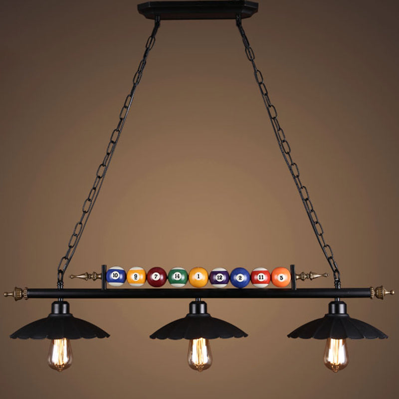 Black Industrial Metal Linear Island Light With 3-Light Suspension Shade And Billiard Balls