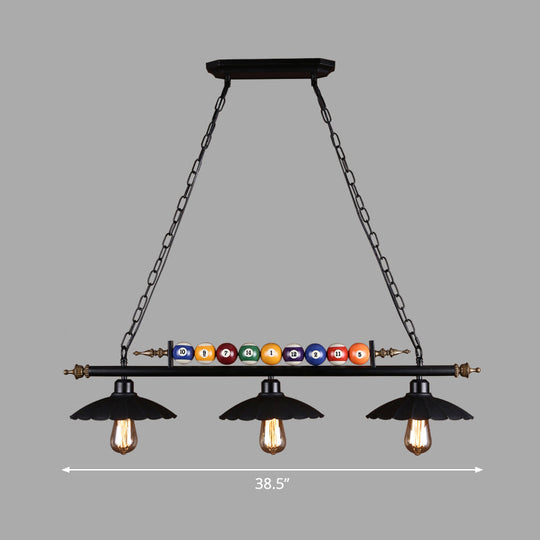 Black Industrial Metal Linear Island Light With 3-Light Suspension Shade And Billiard Balls