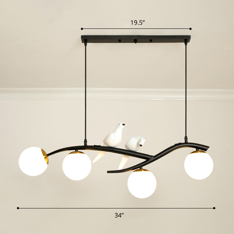 Postmodern Island Lamp Tree Branch Hanging Light With Glass Shades And Bird Deco 4-Bulb Design