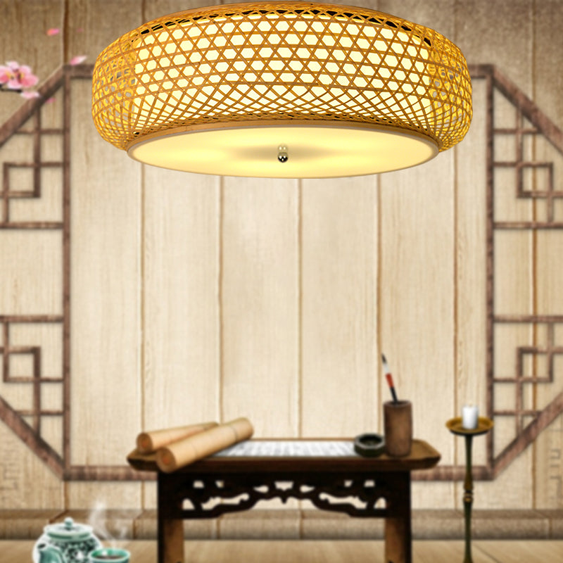 Modern Bamboo Flush Mount Ceiling Light Fixture for Dining Room - Wood Finish