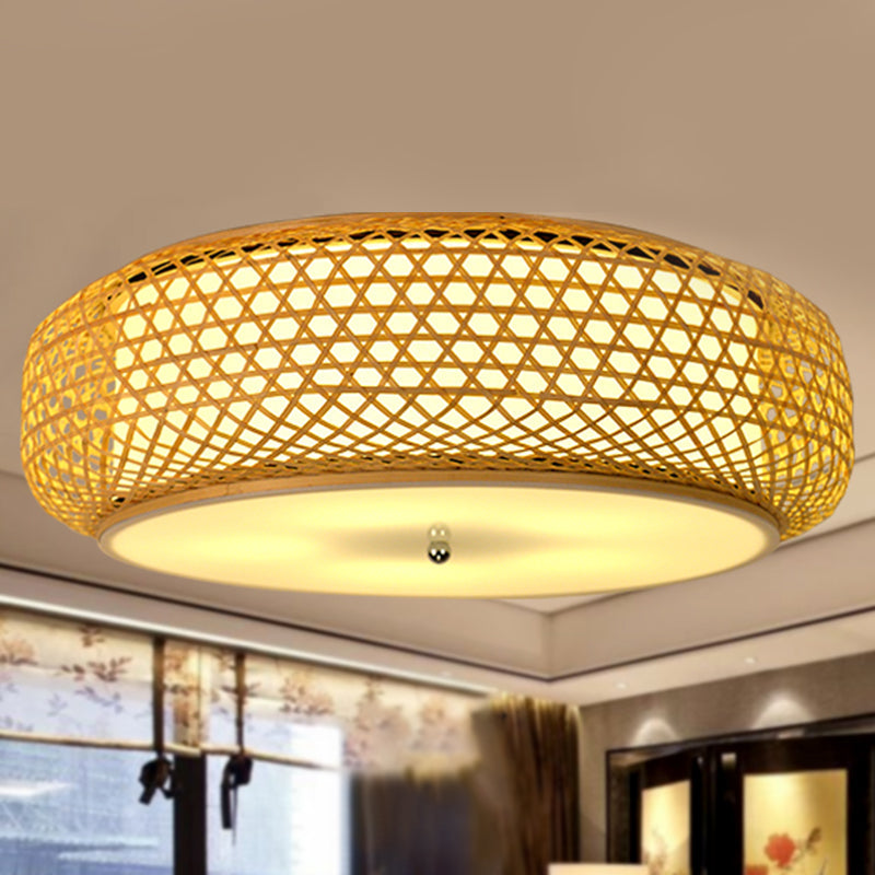 Modern Bamboo Flush Mount Ceiling Light Fixture for Dining Room - Wood Finish