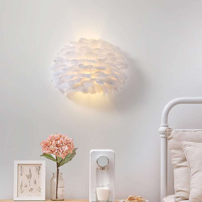 Nordic Feather Flush Mount Wall Sconce For Bedroom - White Half-Globe Up-Down Light