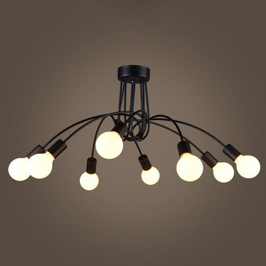 Industrial Metal Arched Semi-Flush Ceiling Light: 8-Bulb Restaurant Flush Mount Fixture in Black