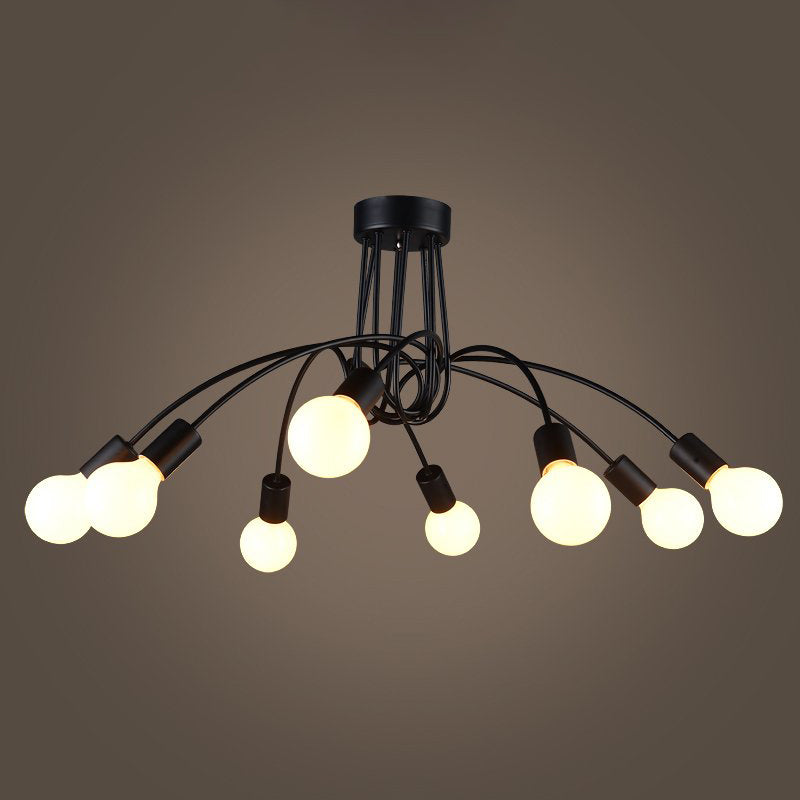 Industrial Metal Arched Semi-Flush Ceiling Light: 8-Bulb Restaurant Flush Mount Fixture In Black