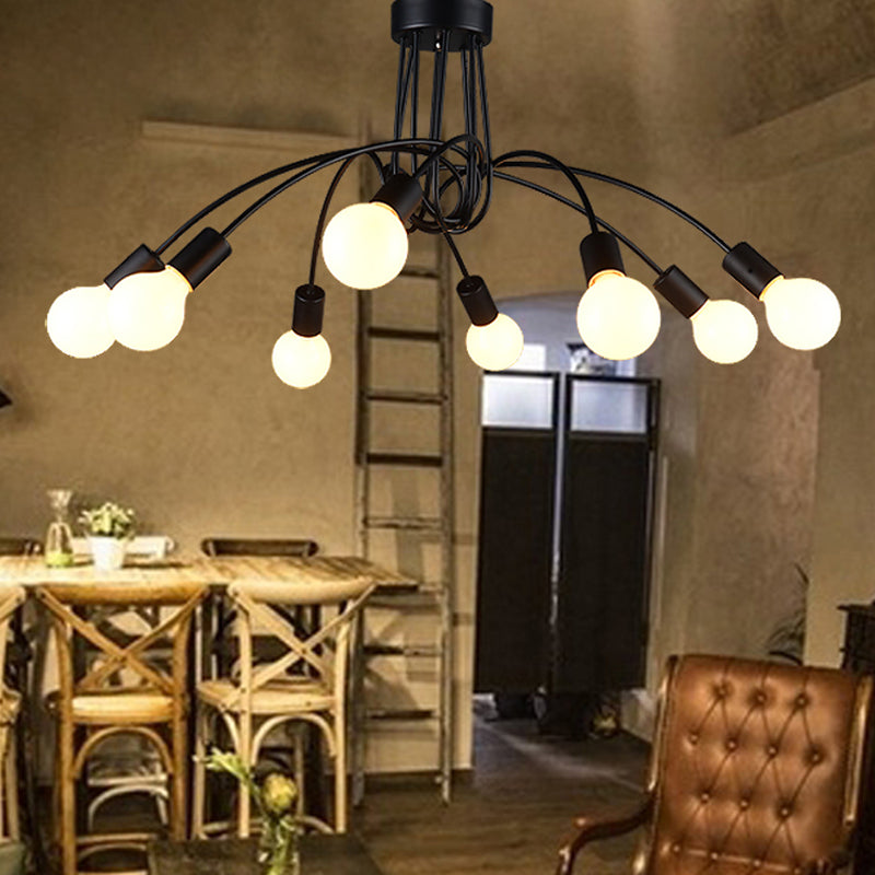 Industrial Metal Arched Semi-Flush Ceiling Light: 8-Bulb Restaurant Flush Mount Fixture in Black