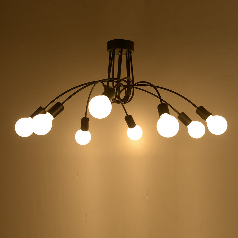 Industrial Metal Arched Semi-Flush Ceiling Light: 8-Bulb Restaurant Flush Mount Fixture in Black