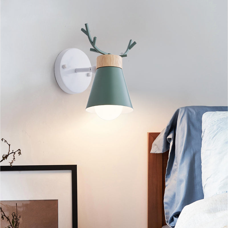 Nordic Metal Rotating Cone Shade Sconce Lighting With Antler Deco - 1-Light Kids Room Reading Light