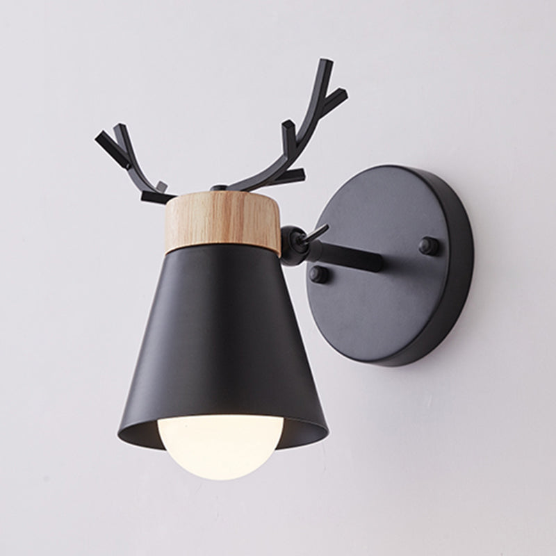 Nordic Metal Rotating Cone Shade Sconce Lighting With Antler Deco - 1-Light Kids Room Reading Light