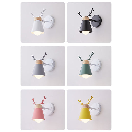 Nordic Metal Rotating Cone Shade Sconce Lighting With Antler Deco - 1-Light Kids Room Reading Light