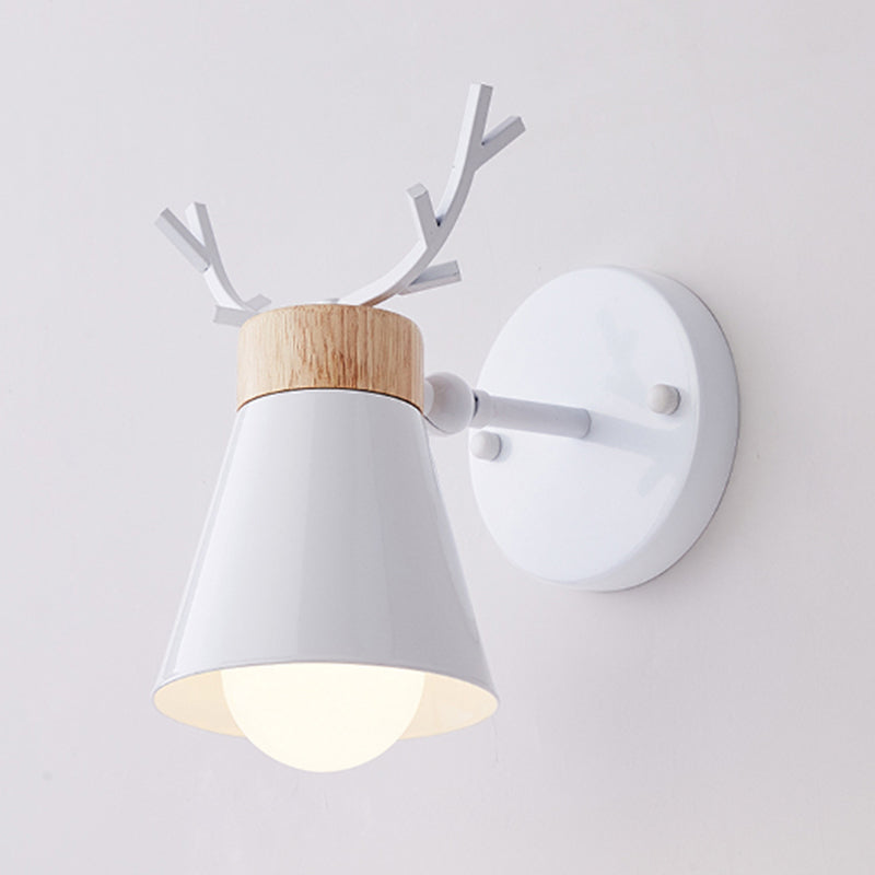 Nordic Metal Rotating Cone Shade Sconce Lighting With Antler Deco - 1-Light Kids Room Reading Light