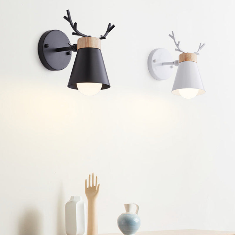 Nordic Metal Rotating Cone Shade Sconce Lighting With Antler Deco - 1-Light Kids Room Reading Light