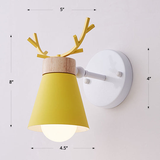 Nordic Metal Rotating Cone Shade Sconce Lighting With Antler Deco - 1-Light Kids Room Reading Light