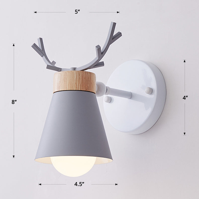 Nordic Metal Rotating Cone Shade Sconce Lighting With Antler Deco - 1-Light Kids Room Reading Light