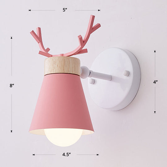 Nordic Metal Rotating Cone Shade Sconce Lighting With Antler Deco - 1-Light Kids Room Reading Light