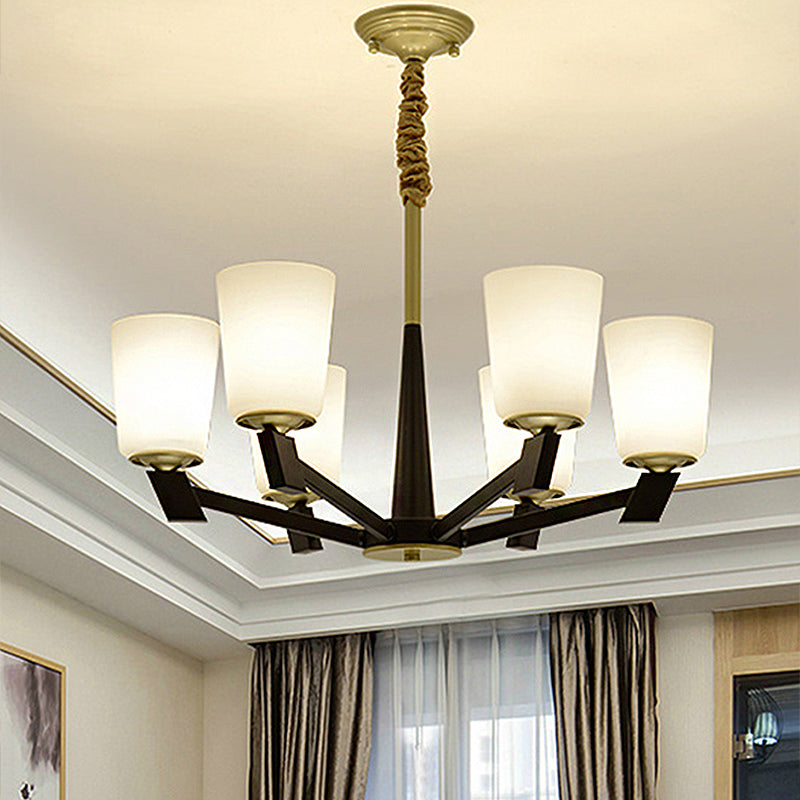 Traditional Cone Frosted Glass Chandelier In Black - Pendant Lighting For Living Room: 6/8/12 Lights