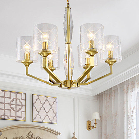 Cylinder Ceiling Chandelier - Clear Glass Traditional Style 6/8 Light Brass Fixture Ideal For Living