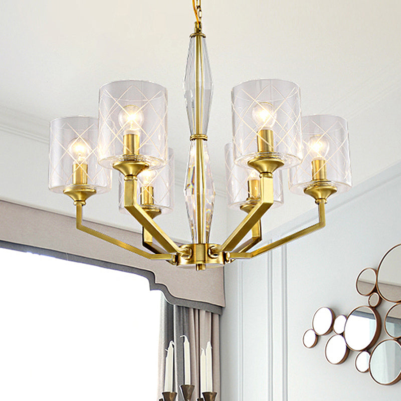 Cylinder Ceiling Chandelier - Clear Glass Traditional Style 6/8 Light Brass Fixture Ideal For Living