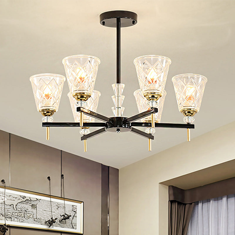 Traditional 3/6-Light Chandelier With Clear Textured Glass Cones - Bedroom Pendant Lamp