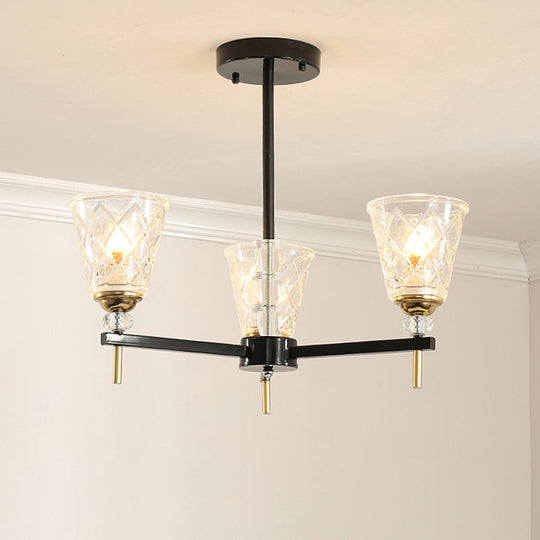 Traditional 3/6-Light Chandelier With Clear Textured Glass Cones - Bedroom Pendant Lamp