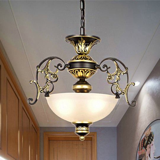 Traditional White/Black Frosted Glass Chandelier Light - 3 Bulbs Bowl Ceiling Fixture For Corridor