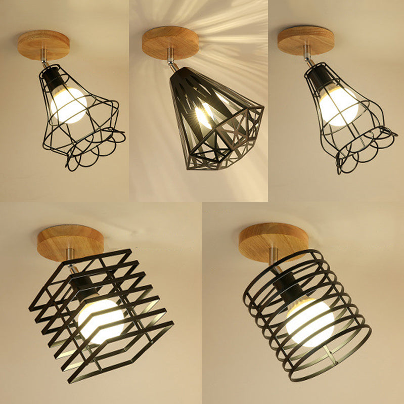 Vintage Industrial Black Ceiling Light Fixture - Metallic Cylinder/Square Cage Design - Bedroom Semi Flush Mount