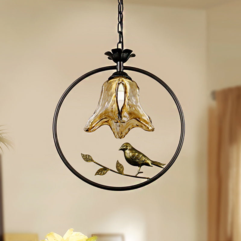 Black Round/Oval Ceiling Light - Classic Metal Pendant With Flower Shade And Bird Accent Ideal For