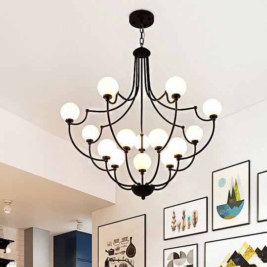 Black 14-Light Chandelier With Frosted Glass Traditional Molecular Pendant Lamp For Living Room