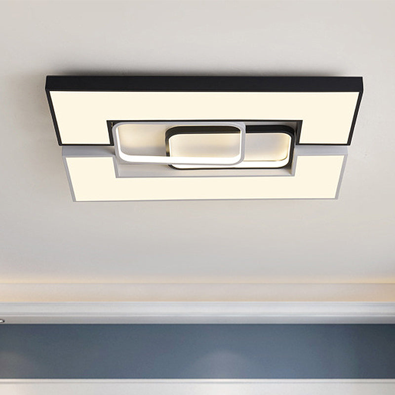 Modern Metal Square/Rectangular Flush Mount Lamp - Black/White 22"/31.5" Wide LED Ceiling Fixture with Recessed Diffuser - White/Warm Light