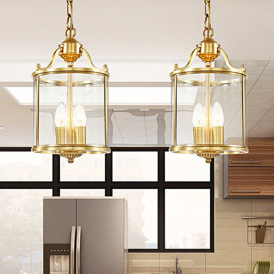 Minimalist Clear Glass Brass Cylinder Chandelier - Hanging Ceiling Light With 3 Bulbs 8/12 Wide